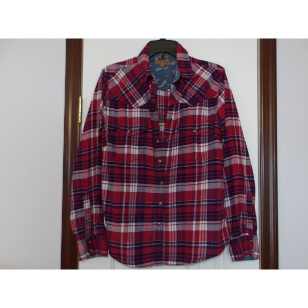 Jachs‎ Girlfriend Red & Navy Plaid Flannel Shirt with Paisley Chambray Detail